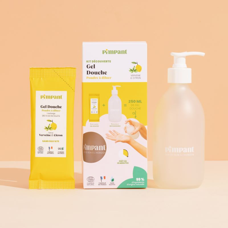 Gel douche verveine citron Pimpant – Kit découverte bouteille + éco-recharge 25 g - vendu par Rebelle de Nature