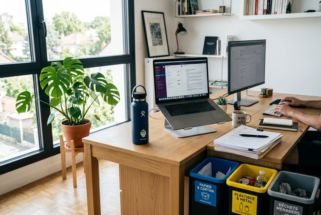Bureau moderne avec deux écrans, ordinateur portable, plantes et documents; poubelles séparées pour le recyclage et le tri des déchets au travail, dans un cadre de zéro déchet travail.