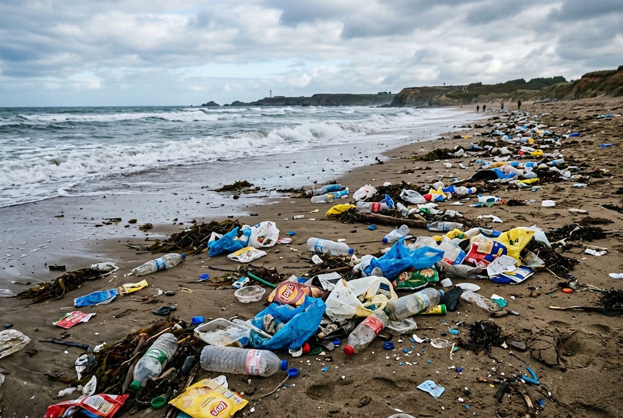 Débris plastiques et déchets sur une plage polluée, vagues déferlantes et ciel nuageux, illustrant le problème du zéro déchet plastique.