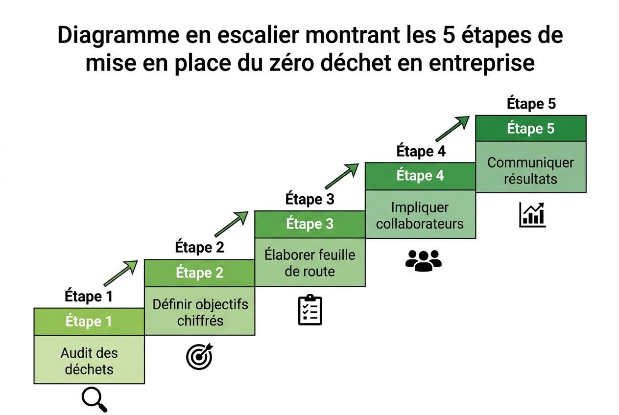 Diagramme en escalier montrant les 5 étapes du zéro déchet en entreprise, avec objectifs chiffrés, feuille de route et communication des résultats, pour devenir une « zéro déchet entreprise ».
