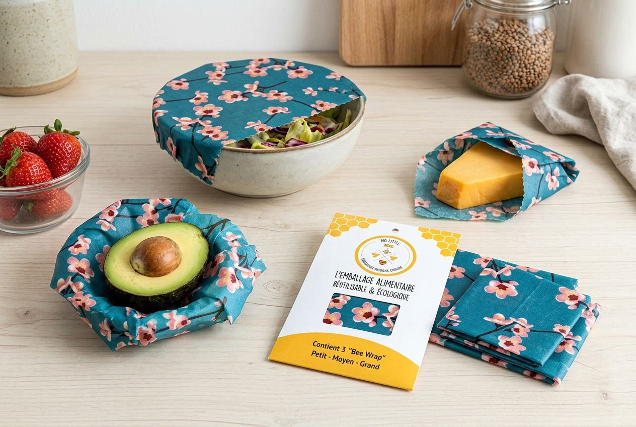 Emballages alimentaires réutilisables en cire d'abeille à motif floral posés sur un plan de travail en bois, enveloppant des aliments frais.
