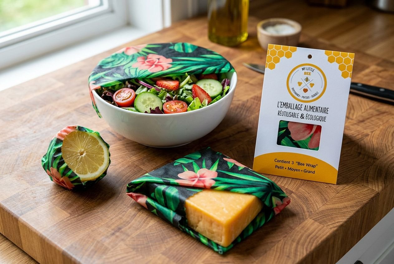 Emballages alimentaires réutilisables en cire d'abeille motif tropical enveloppant des restes alimentaires sur un plan de travail en bois.