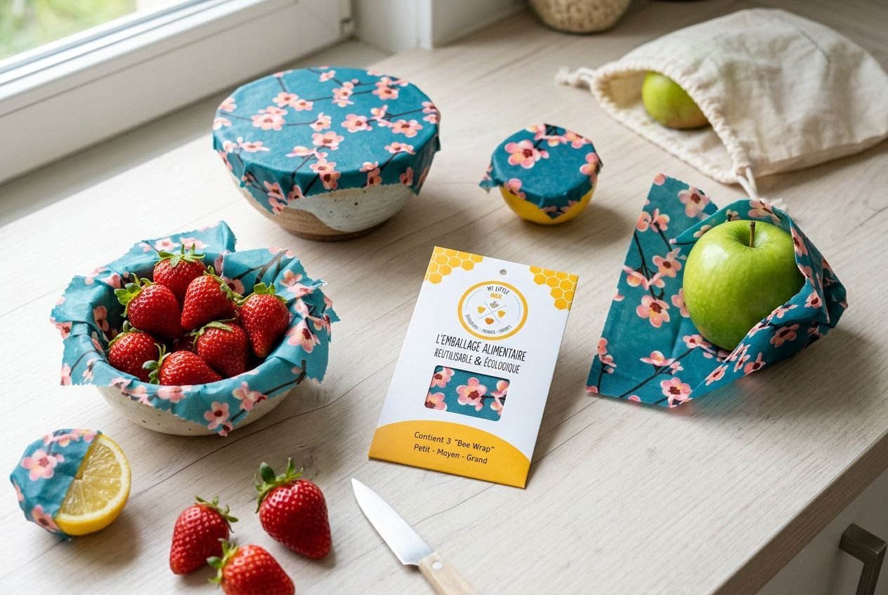 Emballages alimentaires réutilisables en cire d'abeille motif fleurs de cerisier sur un plan de travail en bois avec des fruits frais.