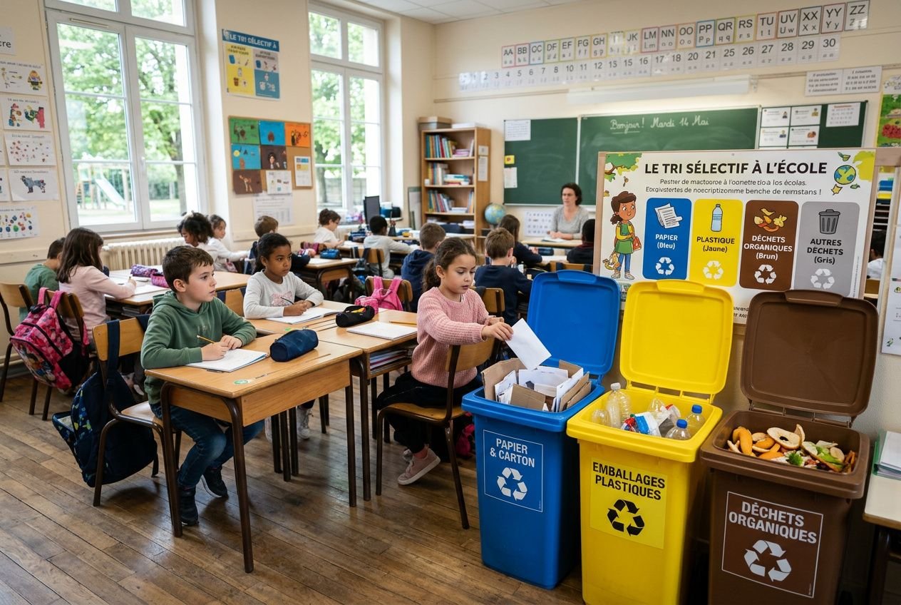 Enseignants et élèves en classe, recyclage et tri des déchets avec des bacs colorés (papier, plastiques, déchets organiques) et affiches pédagogiques sur le zéro déchet école.