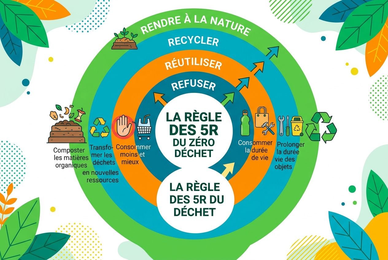 Illustration sur le zéro déchet travail: logo des 5R (Réduire, Réutiliser, Recycler, Refuser, Rendre à la nature) avec flèches circulaires et légendes, promouvant le zéro déchet au bureau.