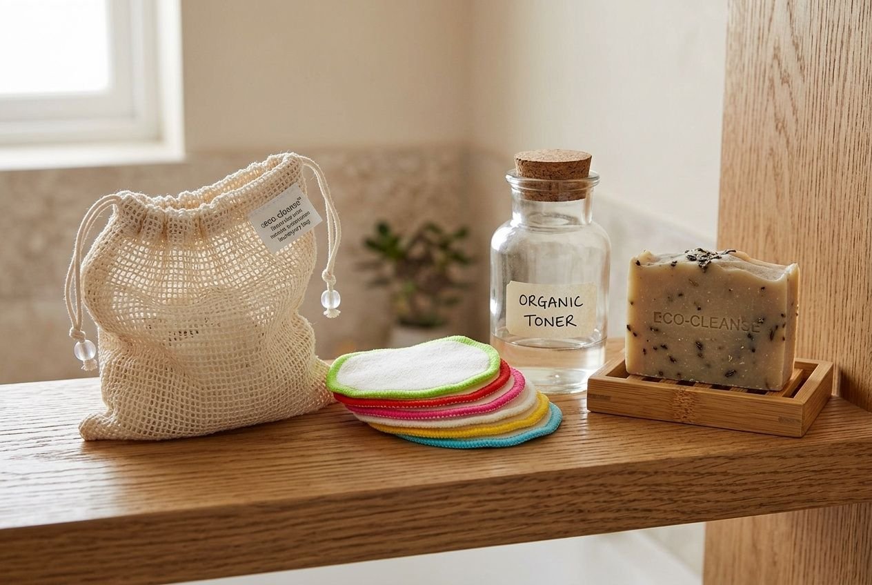 Lingettes démaquillantes lavables colorées avec leur filet de lavage en coton naturel posés sur une étagère de salle de bain en bois.