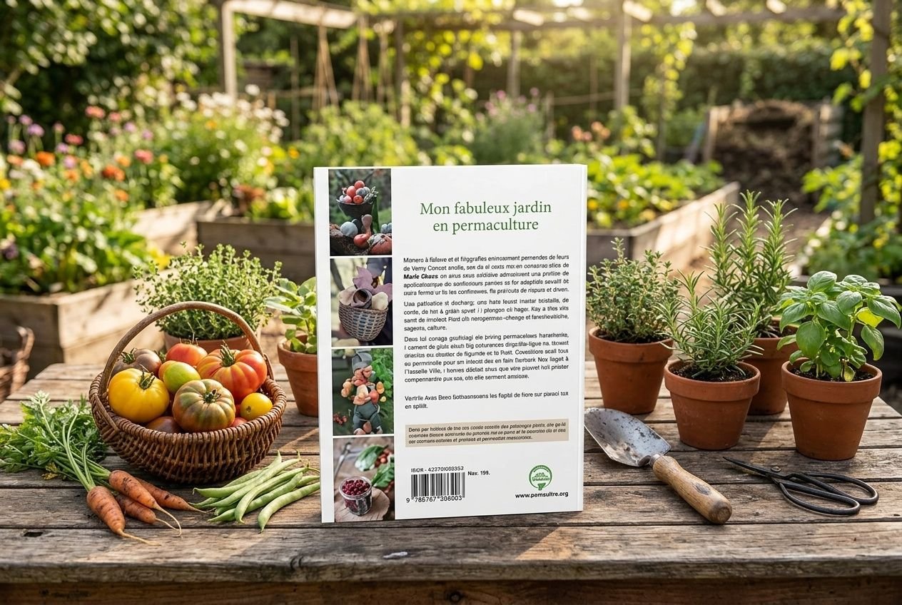 Livre de jardinage en permaculture posé sur une table en bois entouré de légumes frais et d'herbes aromatiques en pot.