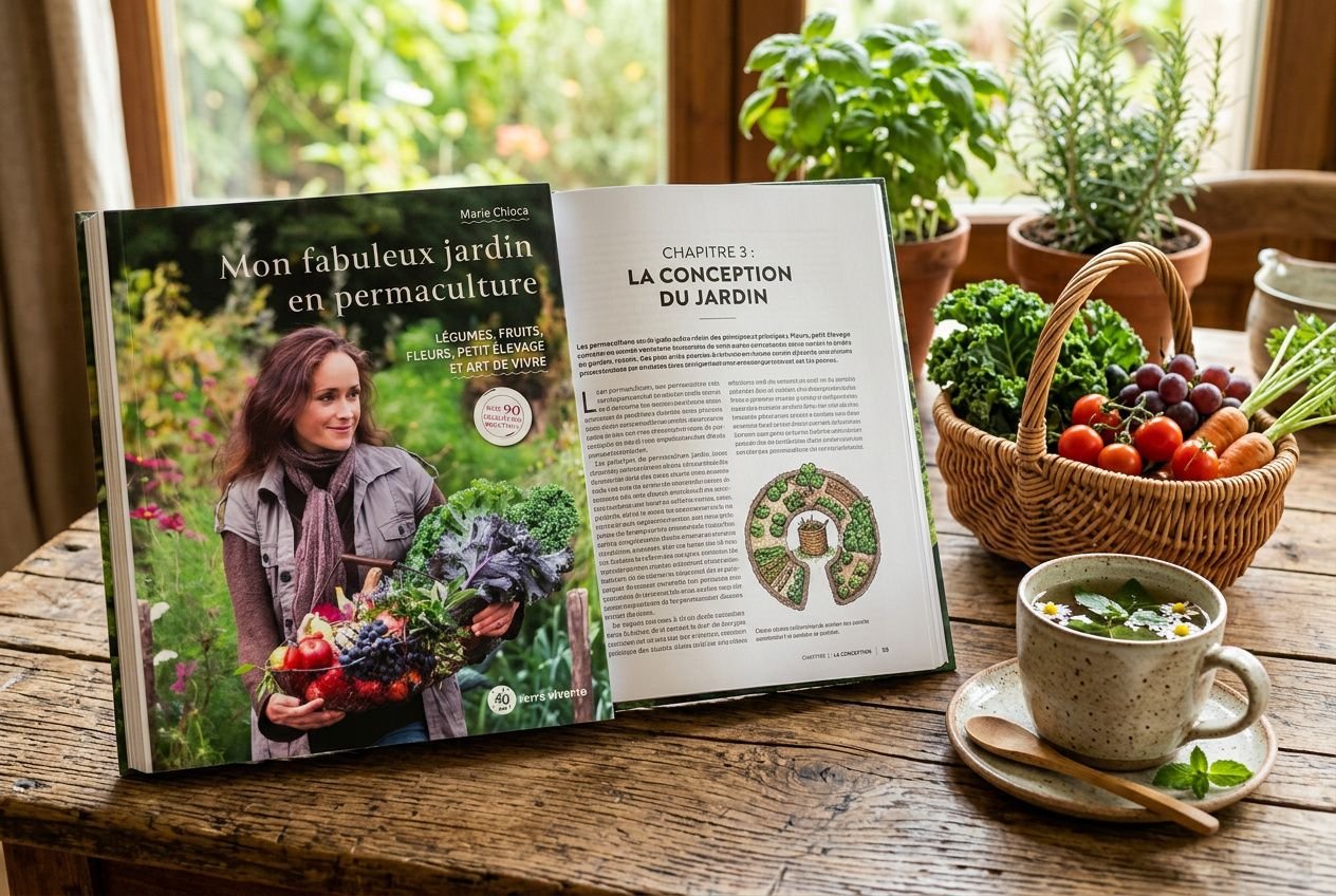 Livre de permaculture posé sur une table en bois avec des légumes frais du jardin.
