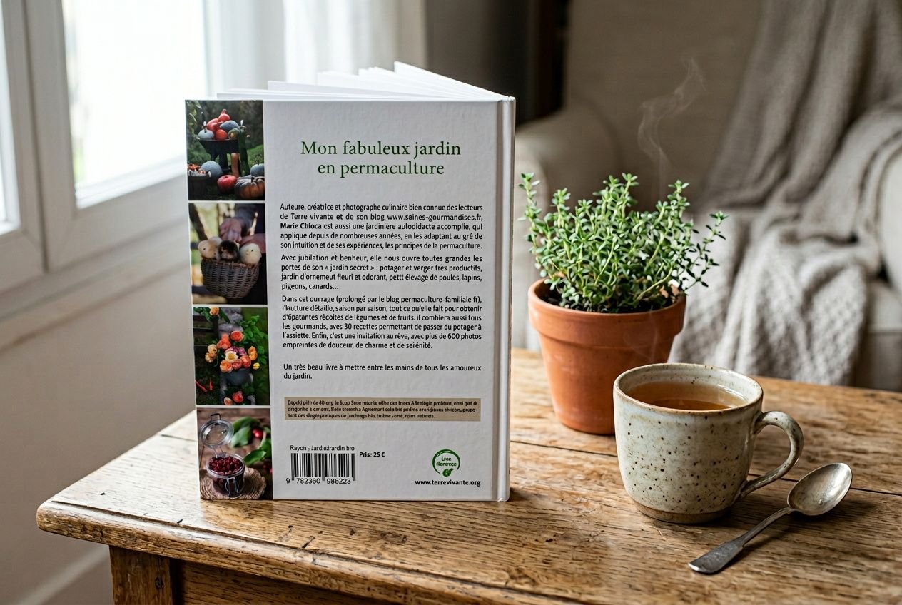 Livre de permaculture posé sur une table en bois avec une plante aromatique en pot