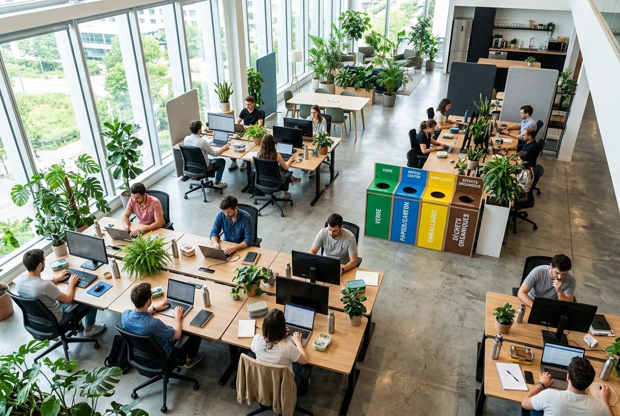 Open-plan coworking workspace with numerous desks, laptops, and plants; a recycling bin area visible. parfait pour “zéro déchet entreprise”