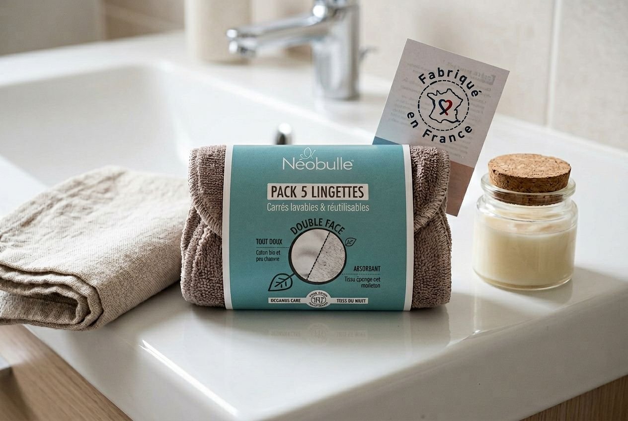 Pack de 5 lingettes lavables double face Néobulle posé sur le bord d'un lavabo blanc, à côté d'un pot de soin naturel et d'une serviette en lin.