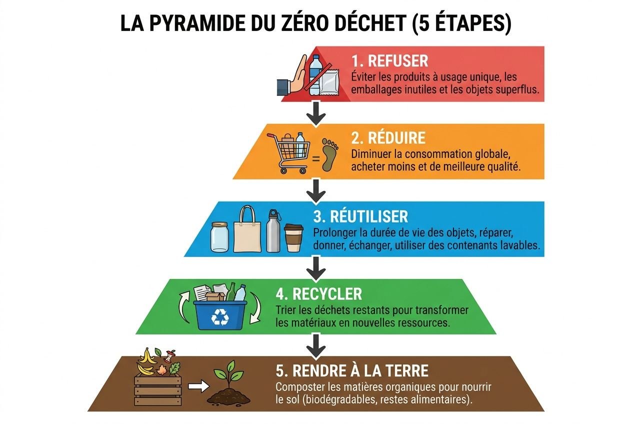 La pyramide du zéro déchet présente les 5 étapes : refuser, réduire, réutiliser, recycler et rendre à la terre, avec des icônes et couleurs correspondantes. intégré: zéro déchet emballage.