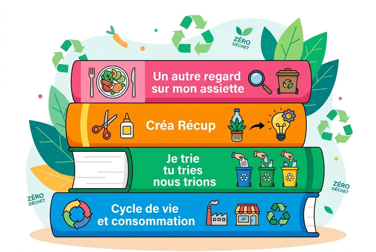 Quatre livres colorés empilés sur fond décoratif évoquant le zéro déchet à l’école, avec des pictogrammes et le slogan “Un autre regard sur mon assiette”.