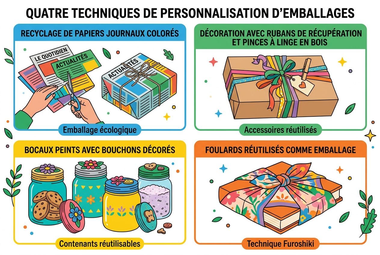 Quatre techniques de personnalisation d’emballages autour du zéro déchet emballage: recyclage de papiers journaux colorés, décoration avec rubans et pinces, bocaux peints avec bouchons décorés, et foulards réutilisés comme emballage.